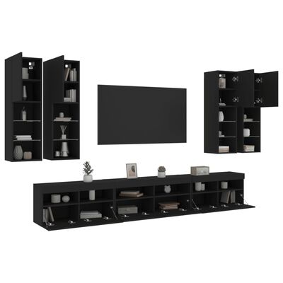 vidaXL 7-dijelni set zidnih TV ormarića s LED svjetlima crni