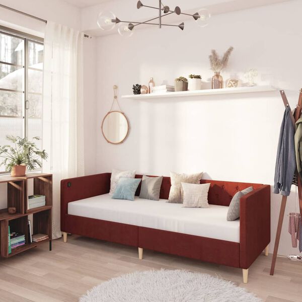 vidaXL Dnevni ležaj s madracem i USB-om boja vina od tkanine 90x200 cm