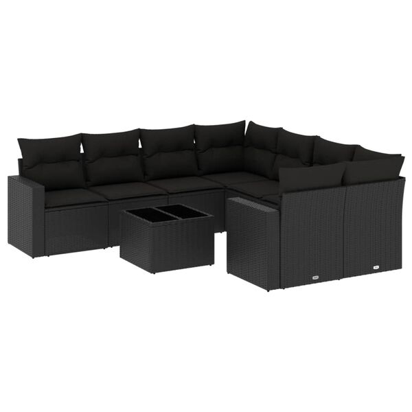 vidaXL 9-dijelni set vrtnih sofa s jastucima crni od poliratana