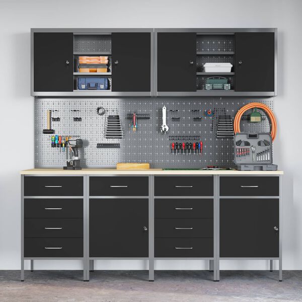 vidaXL Radni ormar s ladicama 10 pcs Crna Inženjerska drva i čelik