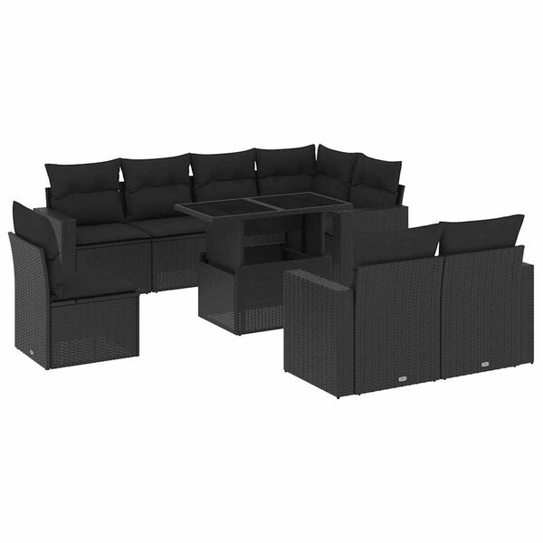 vidaXL 9-dijelni set vrtnih sofa s jastucima crni od poliratana