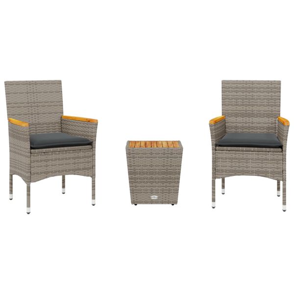 vidaXL 3-dijelni bistro set s jastucima od poliratana i stakla sivi