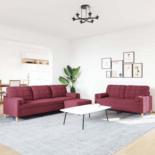vidaXL 3-dijelni set sofa s tabureom i jastucima boja vina tkanina