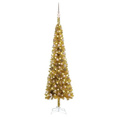 vidaXL Tanko osvijetljeno božićno drvce s kuglicama zlatno 210 cm