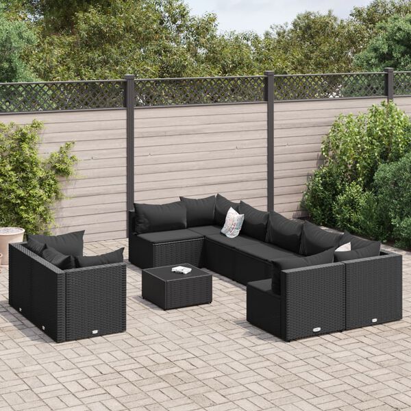 vidaXL 9-dijelni set vrtnih sofa s jastucima crni od poliratana