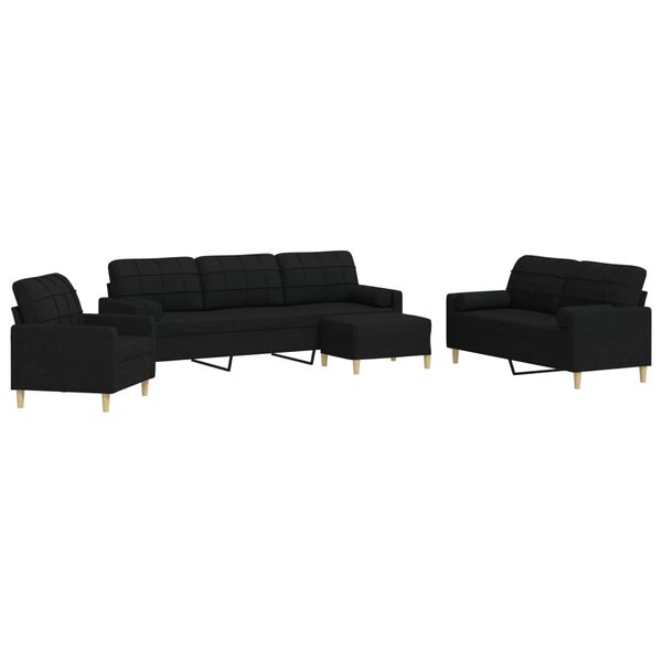 vidaXL 4-dijelni set sofa s tabureom i jastucima crni tkanina