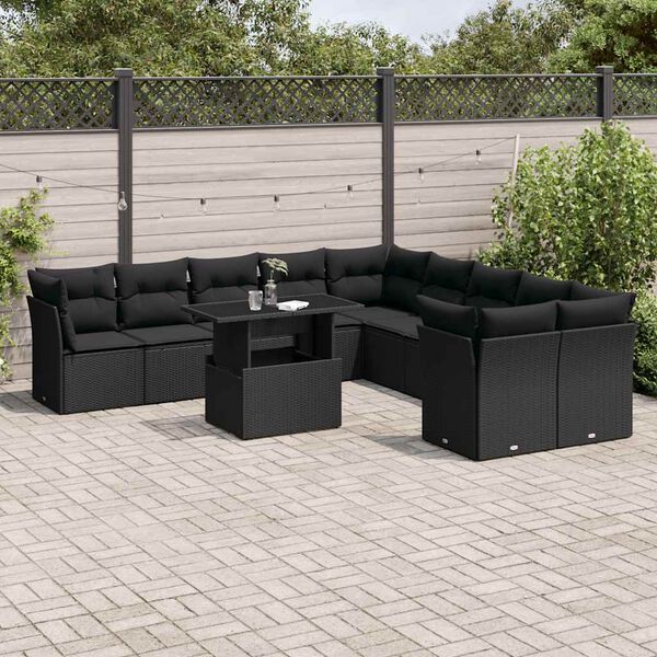 vidaXL 11-dijelni set vrtnih sofa od poliratana s jastucima crni