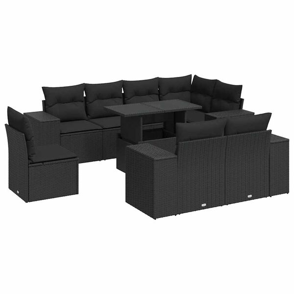 vidaXL 9-dijelni set vrtnih sofa s jastucima crni od poliratana
