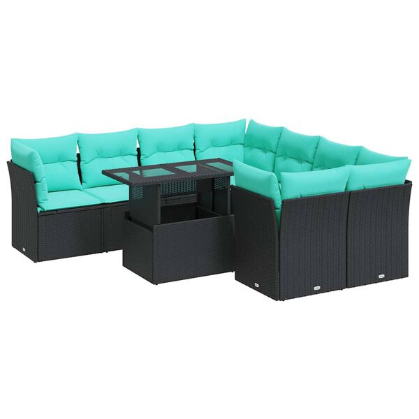 vidaXL 9-dijelni set vrtnih sofa s jastucima crni od poliratana bagrem