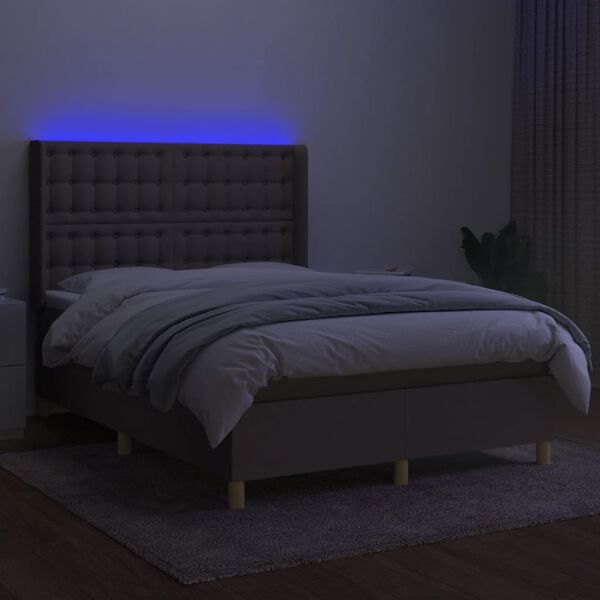 vidaXL Krevet box spring s madracem LED smeđesivi 140x200 cm tkanina