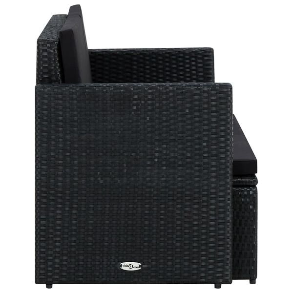 vidaXL Vrtni dvosjed od poliratana s jastucima crni