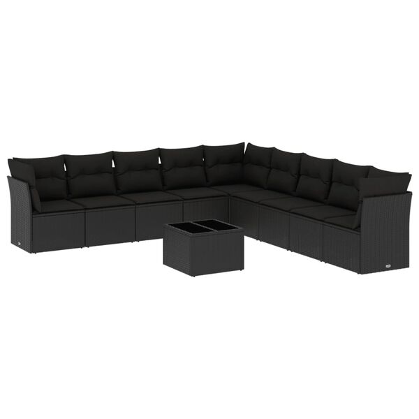 vidaXL 10-dijelni set vrtnih sofa s jastucima crni od poliratana