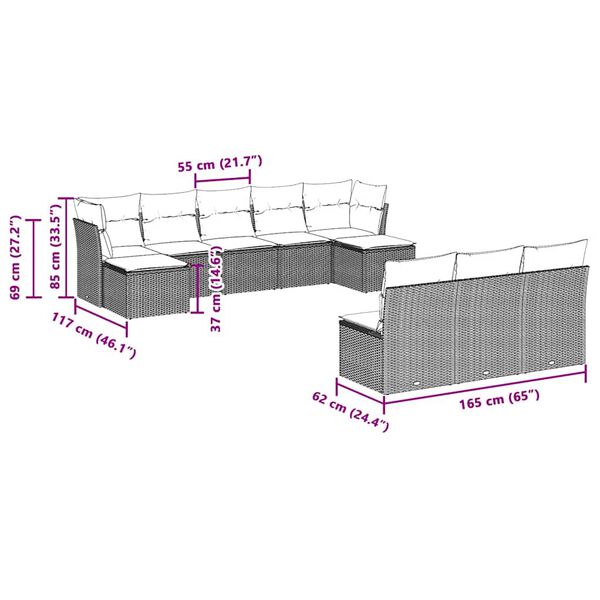 vidaXL 10-dijelni set vrtnih sofa poliratan s jastucima svijetlosivi