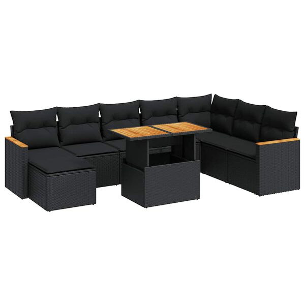vidaXL 9-dijelni set vrtnih sofa s jastucima crni od poliratana bagrem