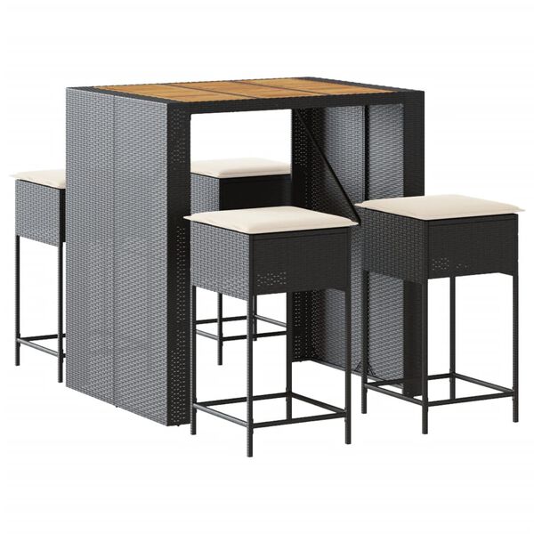 vidaXL 5-dijelni vrtni barski set od poliratana s jastucima crni