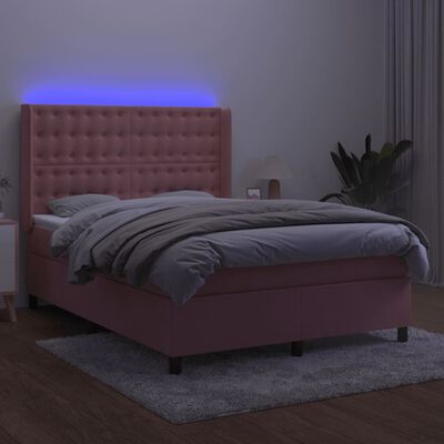 vidaXL Krevet box spring s madracem LED ružičasti 140x190cm baršunasti