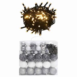 vidaXL 120-dijelni set božićnih kuglica s vrhom 300 LED bijelo-sive