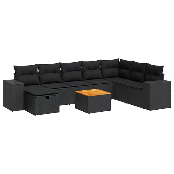 vidaXL 9-dijelni set vrtnih sofa s jastucima crni od poliratana