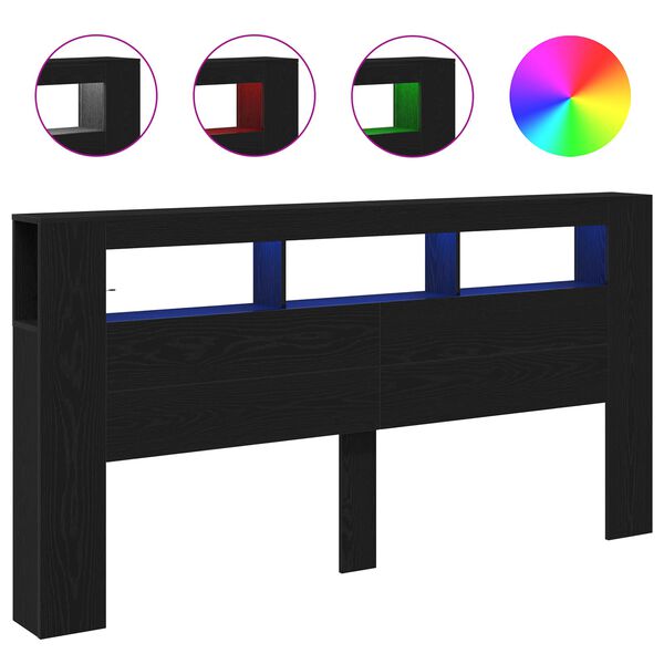 vidaXL LED glava kreveta s policom Crni hrast 200 x 18,5 x 103,5 cm