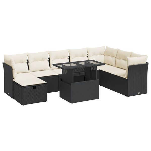vidaXL 9-dijelni set vrtnih sofa s jastucima crni od poliratana