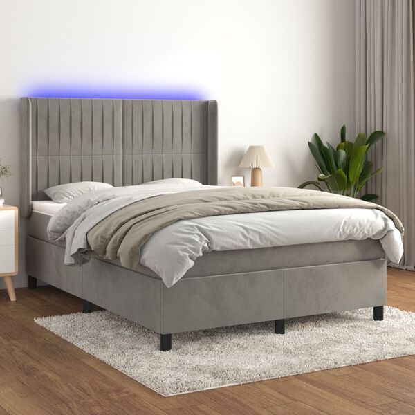 vidaXL Krevet box spring s madracem LED svjetlosivi 140x200 cm bar&scaron;un