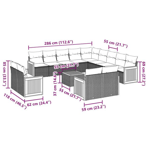 vidaXL 14-dijelni set vrtnih sofa s jastucima poliratan crni