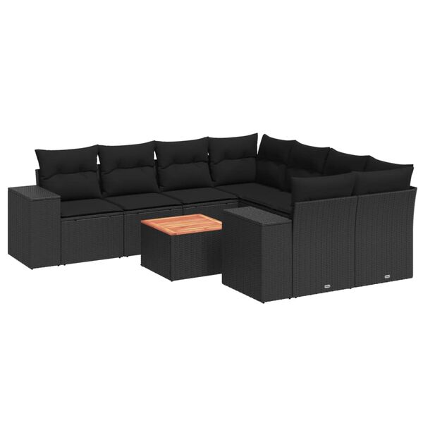 vidaXL 9-dijelni set vrtnih sofa s jastucima crni od poliratana