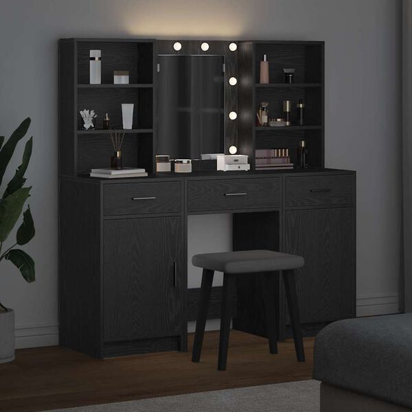 vidaXL Set stola za oblačenje s LED 3 pcs Crni hrast Konstruirano drvo