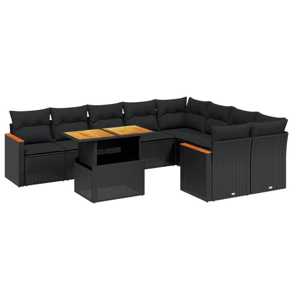 vidaXL 10-dijelni set vrtnih sofa s jastucima crni od poliratana