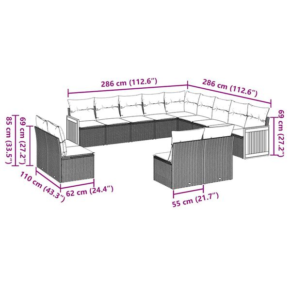 vidaXL 13-dijelni set vrtnih sofa s jastucima poliratan crni