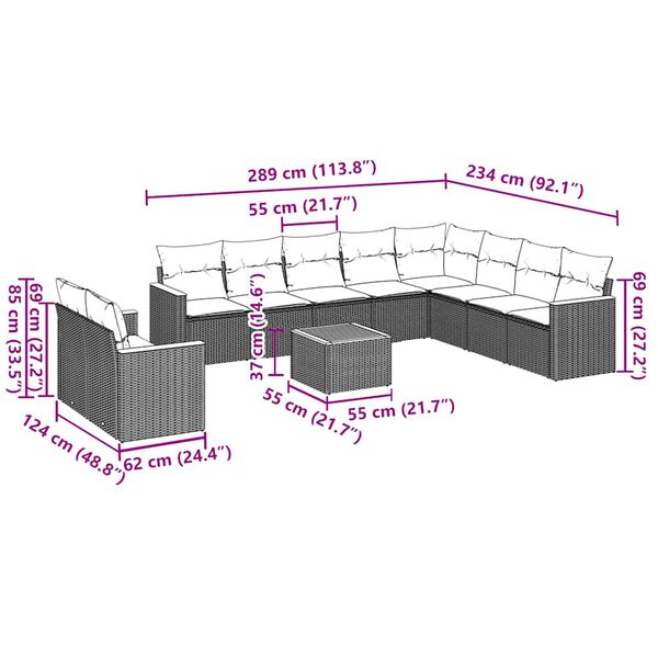 vidaXL 11-dijelni set vrtnih sofa od poliratana s jastucima crni
