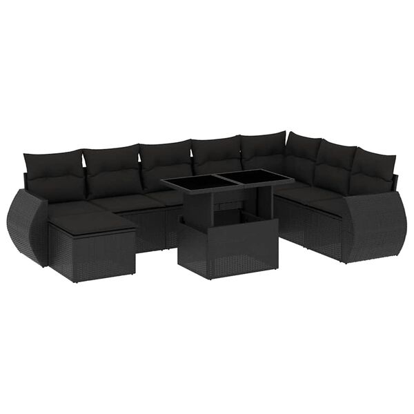 vidaXL 9-dijelni set vrtnih sofa s jastucima crni od poliratana