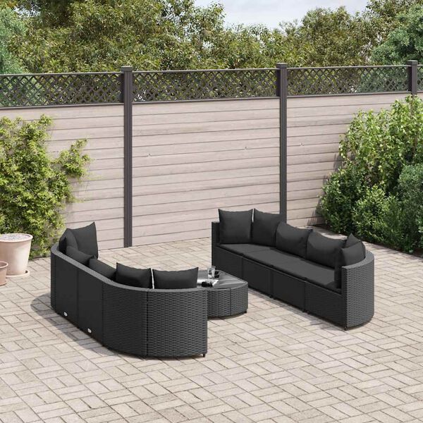 vidaXL 9-dijelni set vrtnih sofa s jastucima crni od poliratana