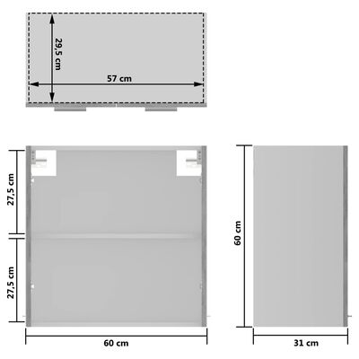 vidaXL Viseći stakleni ormarić siva boja betona 60 x 31 x 60 cm drveni
