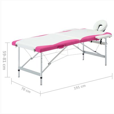vidaXL Sklopivi stol za masažu s 2 zone aluminijski bijelo-ružičasti