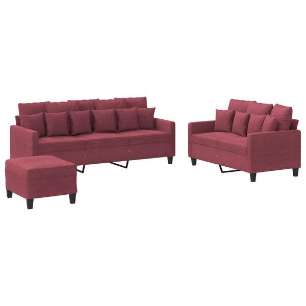 vidaXL 3-dijelni set sofa s jastucima crvena boja vina od tkanine