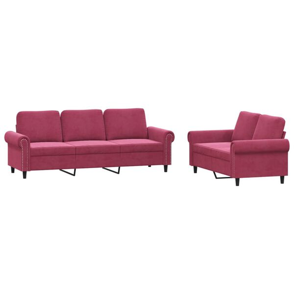 vidaXL 2-dijelni set sofa s jastucima crvena boja vina baršunasti