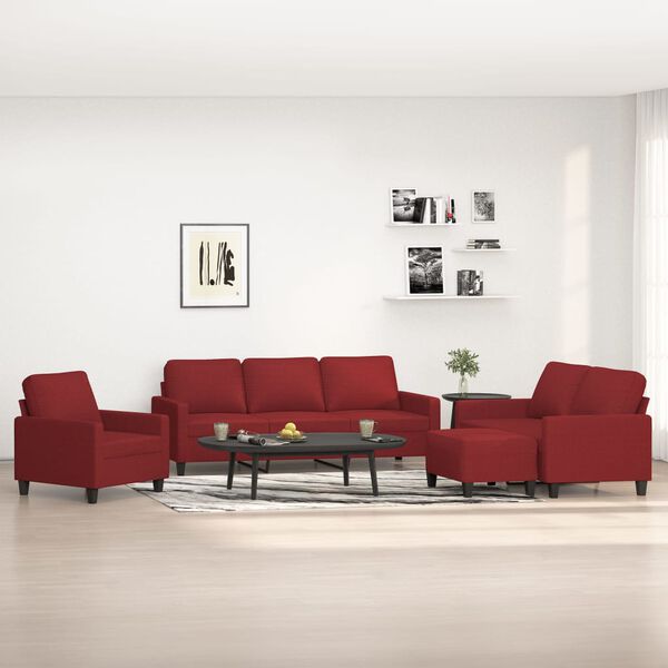 vidaXL 4-dijelni set sofa s jastucima crvena boja vina od tkanine