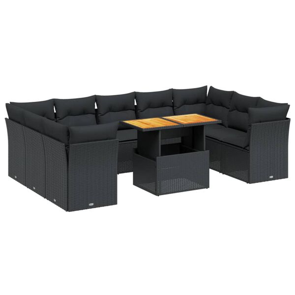 vidaXL 10-dijelni set vrtnih sofa s jastucima crni od poliratana