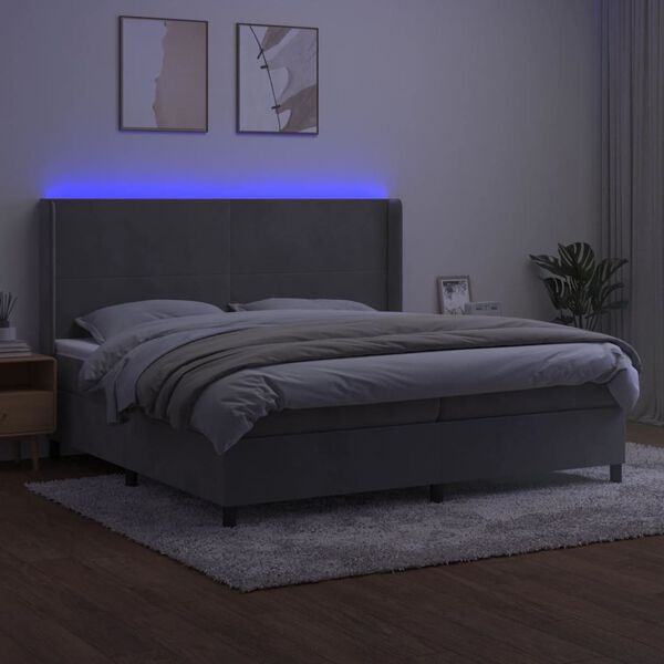 vidaXL Krevet box spring s madracem LED svjetlosivi 200x200 cm bar&scaron;un