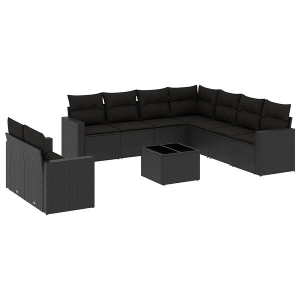 vidaXL 10-dijelni set vrtnih sofa s jastucima crni od poliratana