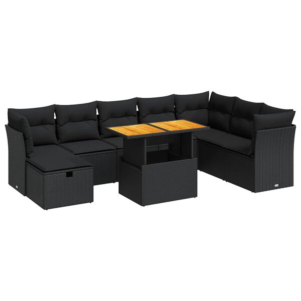 vidaXL 9-dijelni set vrtnih sofa s jastucima crni od poliratana bagrem