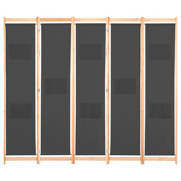 vidaXL Sobna pregrada s 5 panela od tkanine 200 x 170 x 4 cm siva