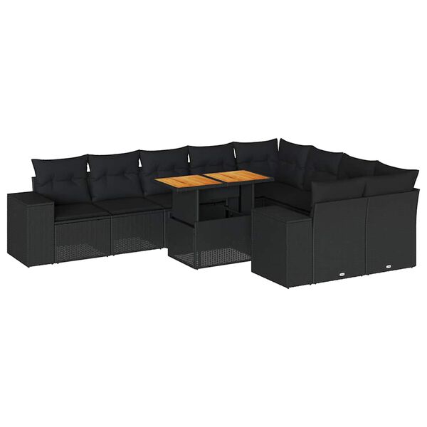 vidaXL 10-dijelni set vrtnih sofa s jastucima crni poliratana bagrem