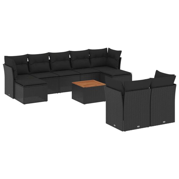 vidaXL 10-dijelni set vrtnih sofa s jastucima crni od poliratana