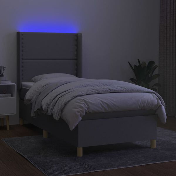 vidaXL Krevet box spring s madracem LED svjetlosivi 90x200 cm tkanina