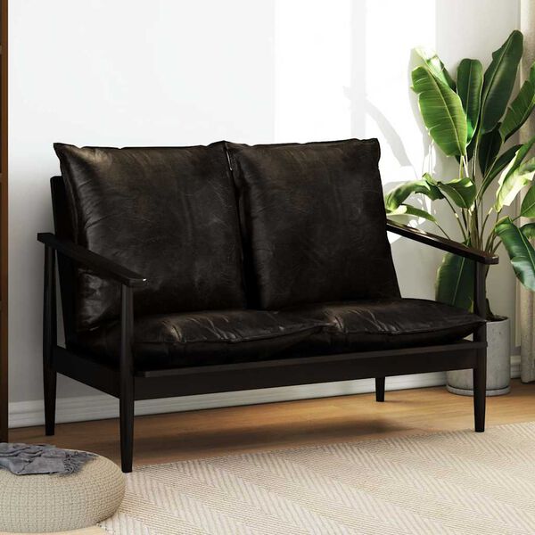 vidaXL Dvosjed od prave kože i bagremovog drva crni