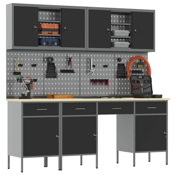 vidaXL Radni ormar s ladicama 10 pcs Crna Inženjerska drva i čelik