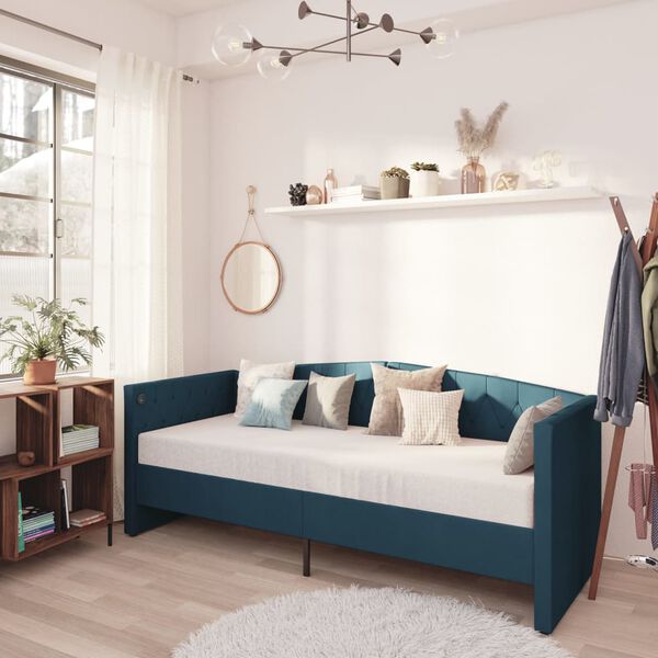 vidaXL Dnevni ležaj s madracem i USB-om plavi bar&scaron;unasti 90 x 200 cm