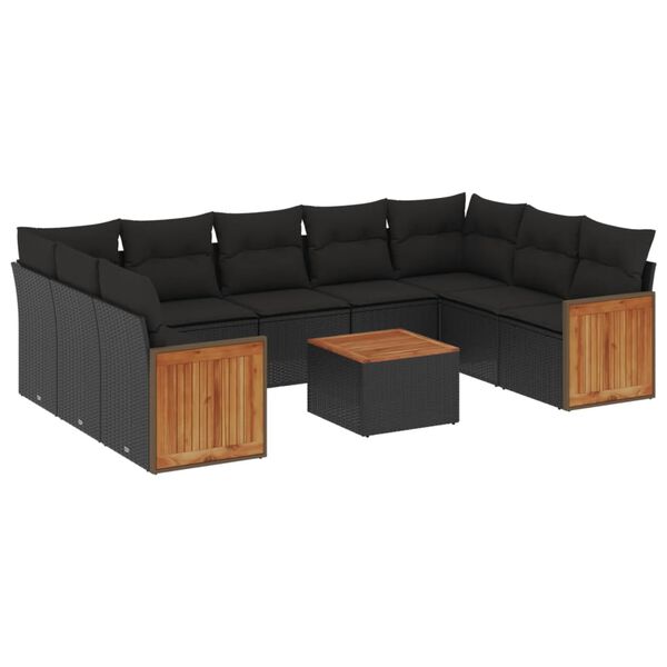 vidaXL 10-dijelni set vrtnih sofa s jastucima crni od poliratana